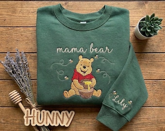 Mama Bear Embroidered Sweatshirt With Kids Name Sleeve, Mothers Day Gift, Personalized Mama Bear Shirt, Custom Mom Crewneck