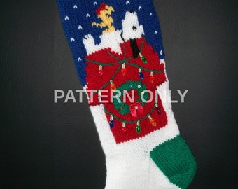 PDF Pattern Only Hand Knitted Beagle on a Doghouse Christmas Stocking