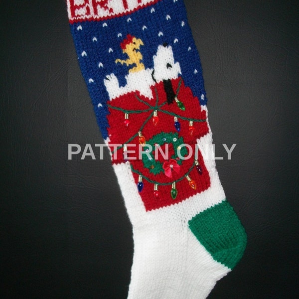 PDF Pattern Only Hand Knitted Beagle on a Doghouse Christmas Stocking