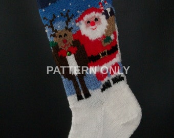 PRINTED Pattern Only Hand Knitted Santa and Rudolph Christmas Stocking
