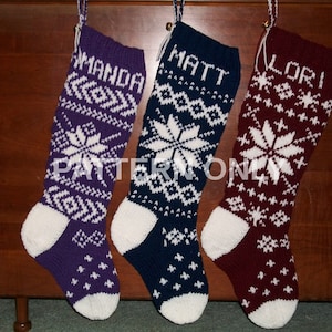 May include: Three knitted Christmas stockings with snowflake patterns and personalised names: "Amanda", "Matt", and "Lori".
