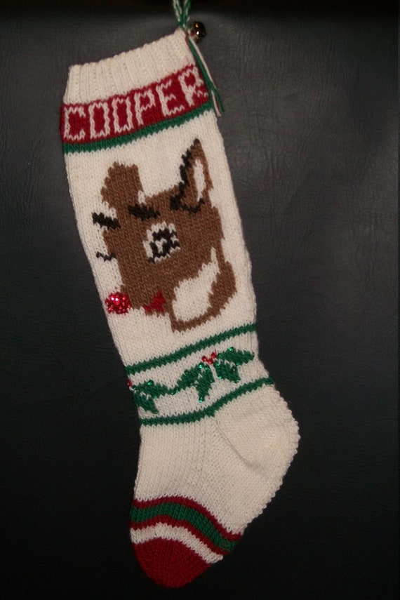 Hand Knit Christmas Stocking Rudolph Reindeer