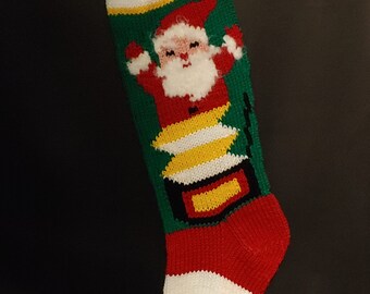 BUY NOW for CHRISTMAS!  Ready to Personalize Santa Jack in the Box Hand Knitted Stocking