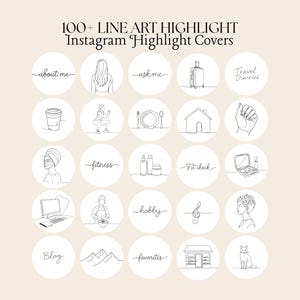 以下が含まれることがあります： ミニマルな線画イラストが特徴の、Instagramハイライトカバーのコレクション。各カバーには、スーツケース、コーヒーカップ、「fitness」という単語など、さまざまなアイコンや単語が描かれています。上部には「100+ LINE ART HIGHLIGHT Instagram Highlight Covers」というテキストがあります。