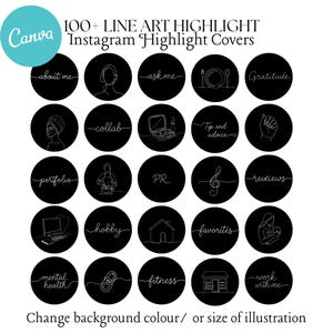 May include: A collection of black Instagram highlight covers with white line art illustrations. Each circle features a different icon or word, including "about me," a person, a laptop, and a house. The text "100+ LINE ART HIGHLIGHT Instagram Highlight Covers" is at the top.