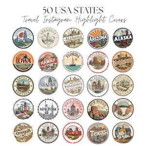 May include: A collection of 50 USA states travel Instagram highlight covers. Each cover is a circular design with a vintage aesthetic, featuring state names and iconic imagery. The text "50 USA STATES Travel Instagram Highlight Covers" is at the top.