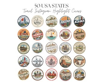 USA States Travel Instagram Highlight Covers, Vintage Stamp Icons (Digital Download)