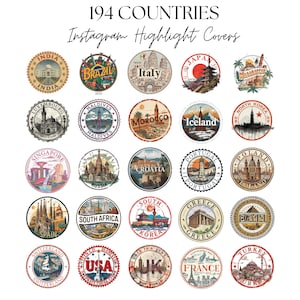 Puede incluir: Portadas de historias destacadas de Instagram con ilustraciones de monumentos y símbolos que representan varios países, como India, Brasil, Italia, Japón, etc. El texto "194 COUNTRIES Instagram Highlight Covers" está en la parte superior.