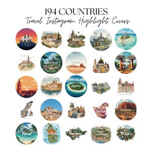 May include: A collection of 24 round Instagram highlight covers featuring watercolor illustrations of landmarks and landscapes from various countries. Text at the top reads "194 COUNTRIES Travel Instagram Highlight Covers."