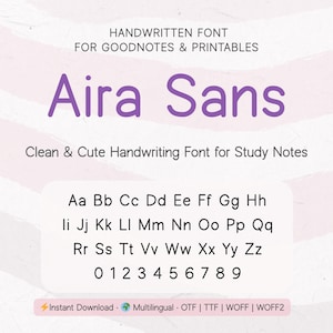 May include: Aira Sans handwritten font for GoodNotes and printables. The font is clean and cute, perfect for study notes. Includes uppercase and lowercase letters, numbers, and symbols. Instant download available.
