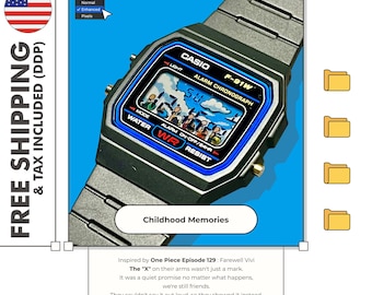 Könnte beinhalten: Eine schwarze Casio F-91W Digitaluhr mit blauem Rahmen um das Display. Die digitale Anzeige zeigt eine grafische Illustration einer Gruppe von Charakteren mit erhobenen Armen, die ein X-Zeichen zeigen. Die Uhr hat ein schwarzes Harzarmband.