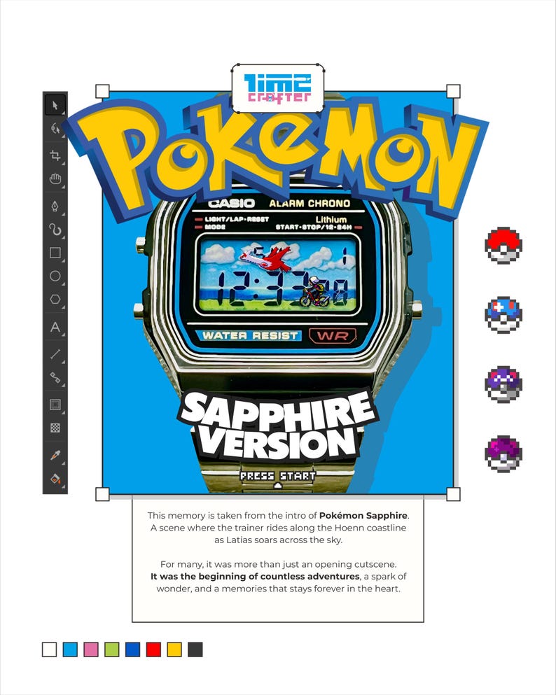 May include: A digital watch with a blue screen displaying a scene from Pok&eacute;mon Sapphire. The watch face shows a plane and a motorcycle. The word "Pok&eacute;mon" is in yellow and blue. The watch is labeled "Sapphire Version".