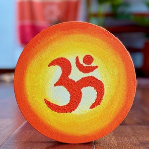 Hand-Painted OM Acrylic Painting on Canvas | 20cm Round Yoga Wall Art | Meditation Room & Spiritual Decor | Sacred Symbol Custom Art by Vani