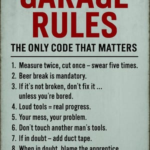 May include: A rectangular metal sign with the words "GARAGE RULES" in large red letters. Below, the text "THE ONLY CODE THAT MATTERS" and a list of eight humorous rules for a garage. The sign has a distressed, vintage look.