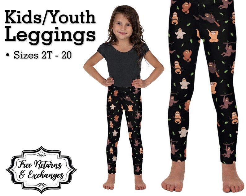 Kids Sloth Leggings \u2022 Sloth Gift for Girl; Kid Clothing; Toddler Pants; Clothes; Tights \u2022 Black