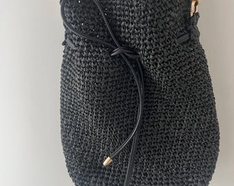 Black Raffia Crochet Bucket Bag with Gold Chain Strap.  Twig bag.