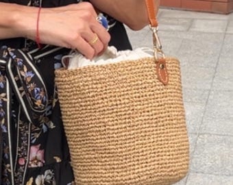 Ivory Crochet Basket Bag – Handmade Crossbody with Drawstring.knitted from raffia. Twig bag.