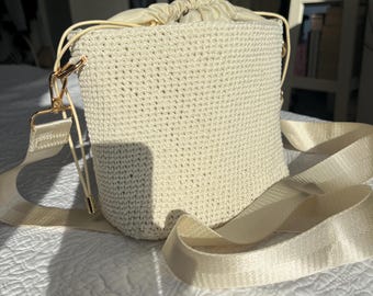 Ivory Crochet Basket Bag – Handmade Crossbody with Drawstring.knitted from raffia. Twig Bag