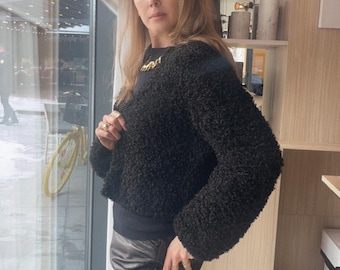 Black Textured Faux Fur Cardigan, Oversized Bouclé Jacket, Luxury Statement Knitwear, Chic Cropped Jacket, Elegant Winter Outerwear