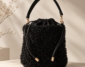 Handmade Crochet Bouclé Bag, Black Textured Bucket Purse, Elegant Drawstring Handbag, Unique Crochet Bag, Statement Bag for Women