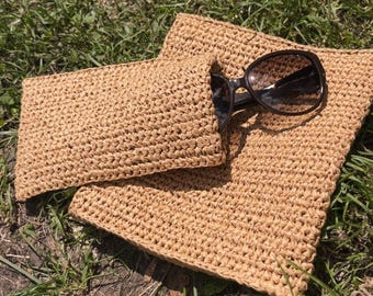 Handmade Raffia Crochet Glasses Case, Natural Eyeglasses Sleeve, Boho Eco Friendly Pouch.