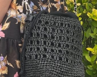 Black Raffia Woven Bucket Bag,  Crossbody Purse, sammer bag. Twig bag