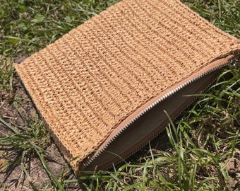 Handmade Raffia Crochet Cosmetic Bag, Natural Boho Zipper Pouch.