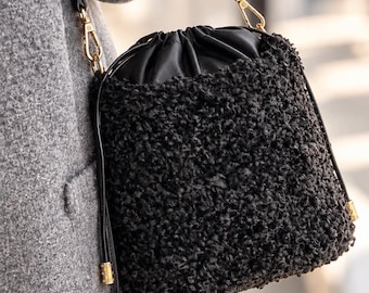 Black Teddy Bucket Bag, Handmade Faux Fur Purse, Cozy Shoulder Bag