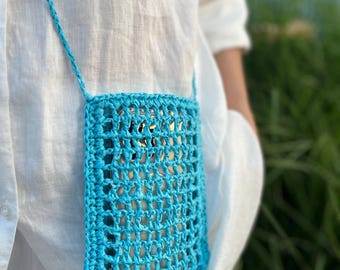 Handmade Raffia Phone Pouch Bag – Woven Crochet Sling Accessory.