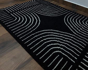 Hand Knotted Black and White Geometric Wool Rug Modern Minimalist Handmade Area Rug Contemporary Abstract Design Luxury Living Room Rug