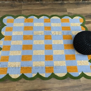 Hand Tufted Checkerboard Rug with Scalloped Border Modern Wool Area Rug Custom Handmade Living Room Bedroom Accent Contemporary Rug