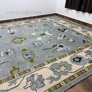 Hand Knotted Light Blue Green Wool Rug Vintage Style Oushak Multicolor Floral Pattern Area Rug for Living Room Bedroom & Home Decor Area Rug