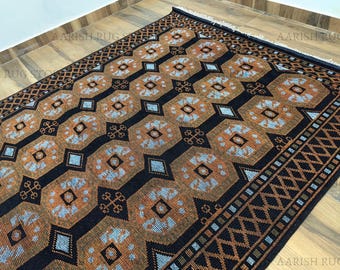 Hand Knotted Tribal Rug Wool Geometric Area Carpet in Rust Black Blue Ethnic Boho Style | Handmade Oriental Living Room and Bedroom Rug