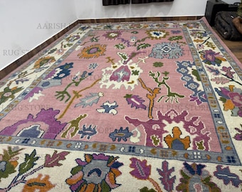 Hand Knotted Pink Multicolor Wool Rug Vintage Turkish Oushak Area Rug Floral Pattern Perfect for Living Room Bedroom Home Decor Area Rug