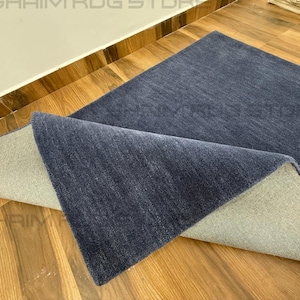 Hand Tufted Wool Navy Blue Rug – Solid Indigo Modern Area Rug – Luxury Minimalist Plain Handmade Carpet for Living Room and Bedroom