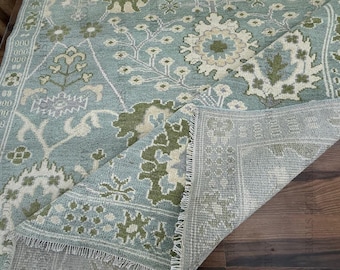 Hand Knotted Sage Green Oushak Rug Ivory Olive Wool Area Rug Vintage Turkish Oriental Handmade Living Room Bedroom Floral Accent Decor Rug
