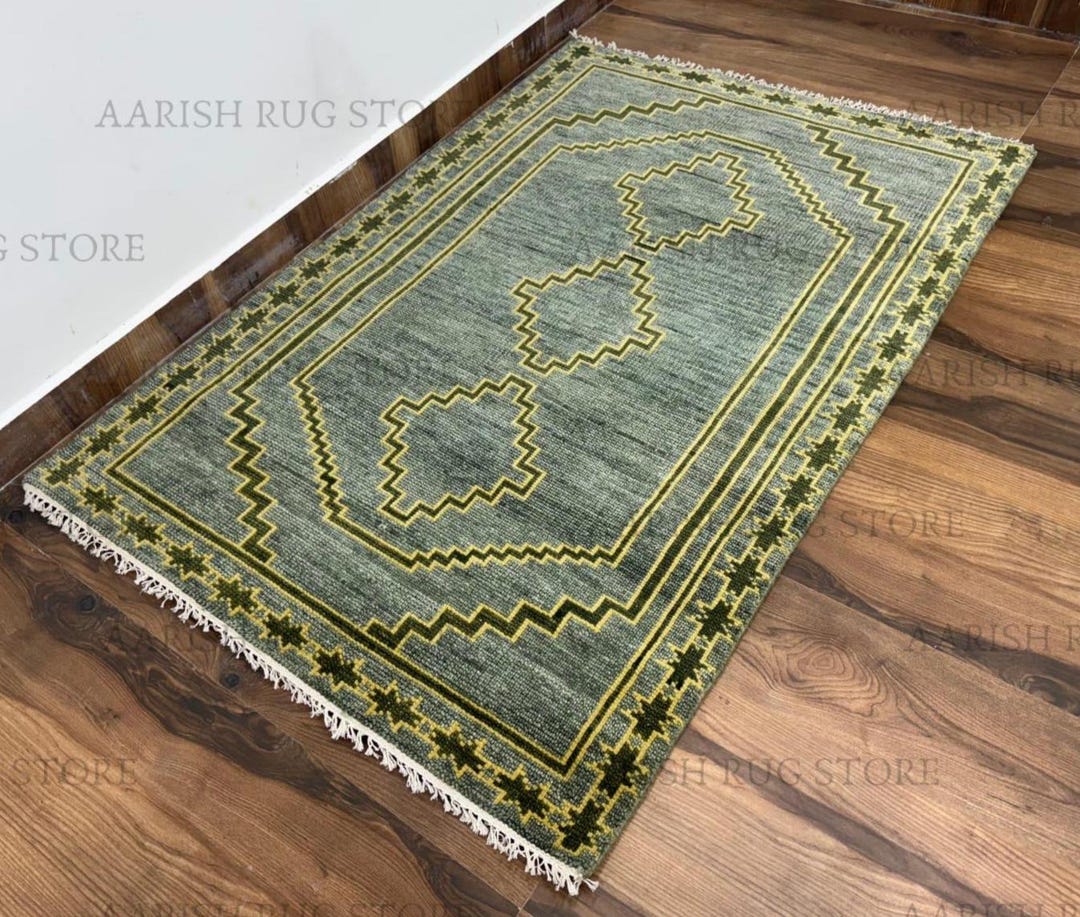Hand Knotted Green Gold Wool Tribal Rug – Vintage Style Geometric ...