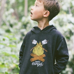 Happy Camper Vintage Kids Hoodie. Unisex Black Toddler Triblend Sweatshirt with campfire and marshmallows. Celebrates Wilderness. image 2