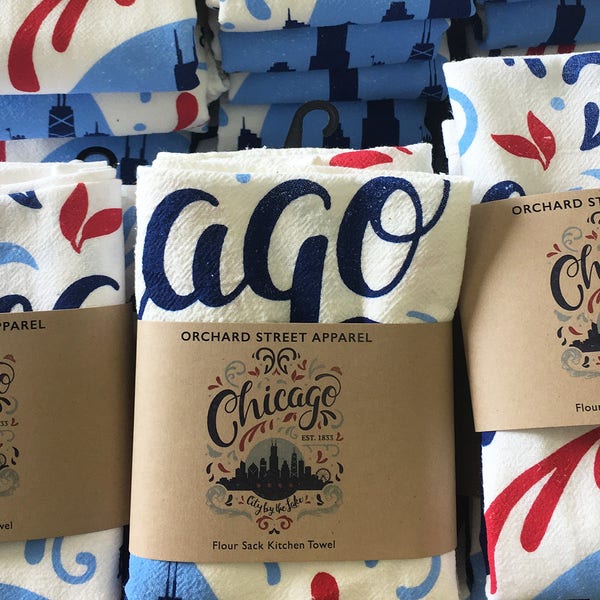 Chicago Flourish City By The Lake flour sack towel. Illinois, midwest, tea towel made in the USA with eco-friendly inks.