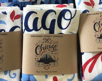 Chicago Flourish City By The Lake flour sack towel. Illinois, midwest, tea towel made in the USA with eco-friendly inks.