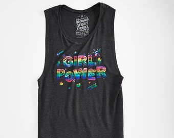 Girl Power Womens Triblend Black Muscle Tank. Heather Black tank with Rainbow foil print. Celebrates Girls and Women.