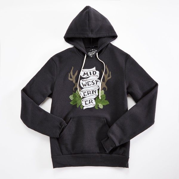 The Midwesterner Black Hoodie. Soft Midwest Pride Hoodie for the Middle Coast.