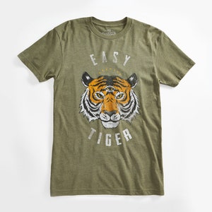 Easy Tiger Vintage Unisex T-Shirt. Slim Fit Olive Green Tee. Shirt for Men Women. image 1