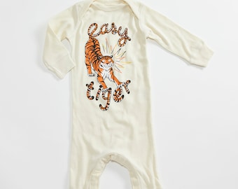 Easy Tiger Vintage Unisex Infant Bodysuit. Long Sleeve Romper. Natural baby one piece with Tiger illustration. Gender Neutral baby outfit.