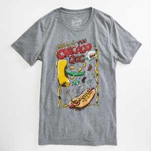 Anatomy of a Chicago Dog Unisex T-Shirt. Fashion Fit Triblend Grey Tee for Men and Women. Celebrates Chicago Hot Dogs.