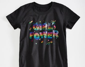 Girl Power Girls Triblend Black Tee. Heather Black t-shirt with Rainbow foil print. Celebrates Girls and Women.