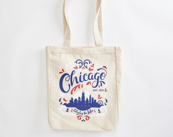 Chicago City By The Lake market tote. Illinois, midwest, canvas tote made in the USA with eco-friendly inks.