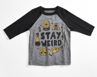 Stay Weird Heather Grey/Black Raglan Kids T-Shirt. 3/4 length baseball child tee. Spooky, magic shirt for Boys and Girls