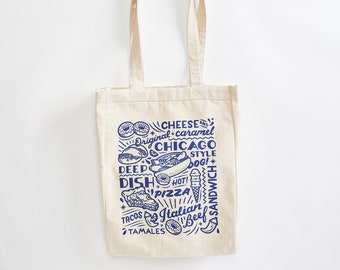 Chicago Sign cotton canvas tote bag. Popular Chicago Foods, hot dog, deep dish pizza, Midwest, market eco-friendly bag