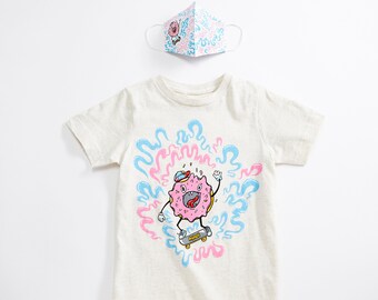 Skater Doughnut Unisex Tee + Unisex Youth Mask Matching Set.  Heather Natural Triblend kids tee. Cotton mask for boys and girls.